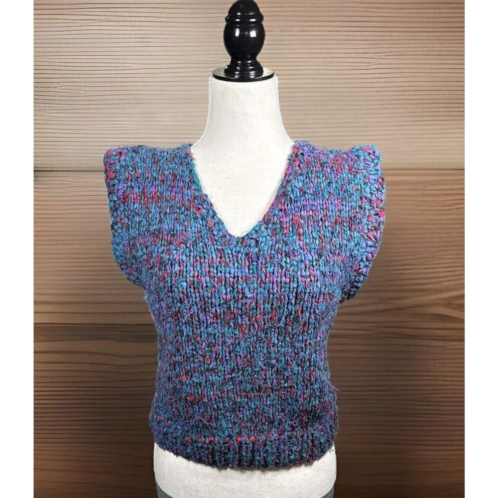 Handmade Vest Knit Upcycled Fabric Pink Blue Purple 80s Sleeve Cottage Whimsy‎